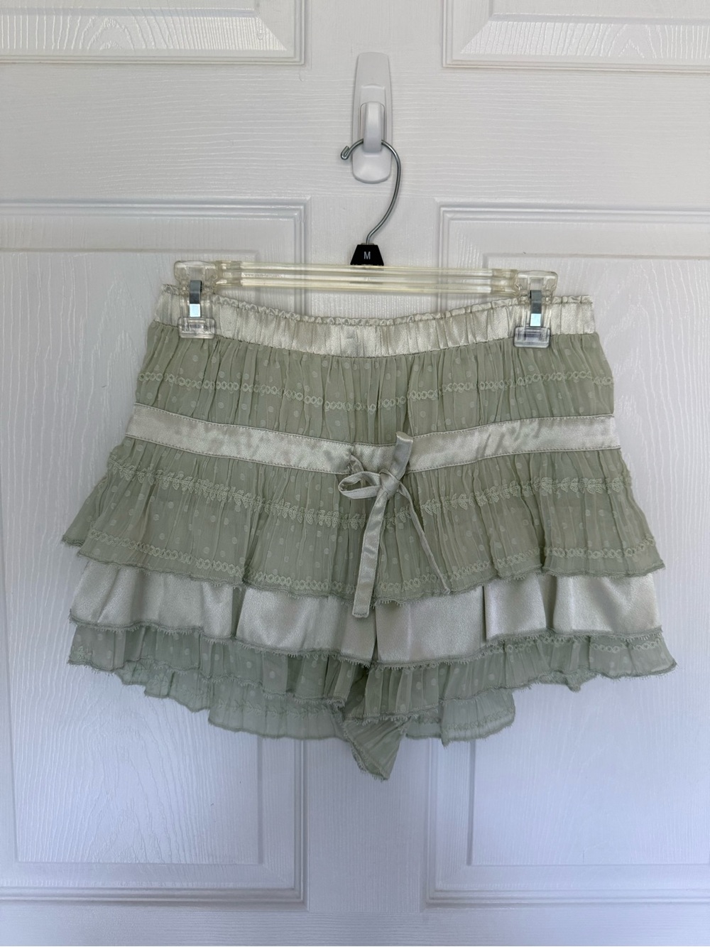 New Free People Sage Green Tiered Ruffle Skort with Satin Trim